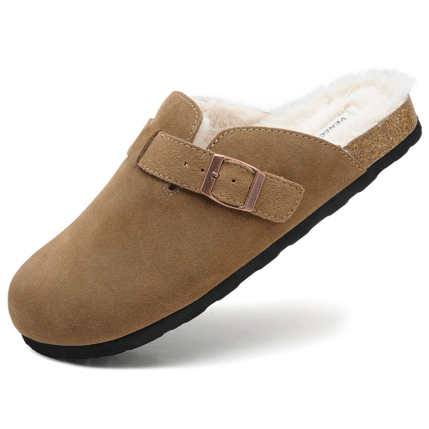 Erica Women's Cork Footbed Clogs Genuine Soft Suede Fuzzy Faux Fur Lined Comfort Cushioned Mule Slide Shoes