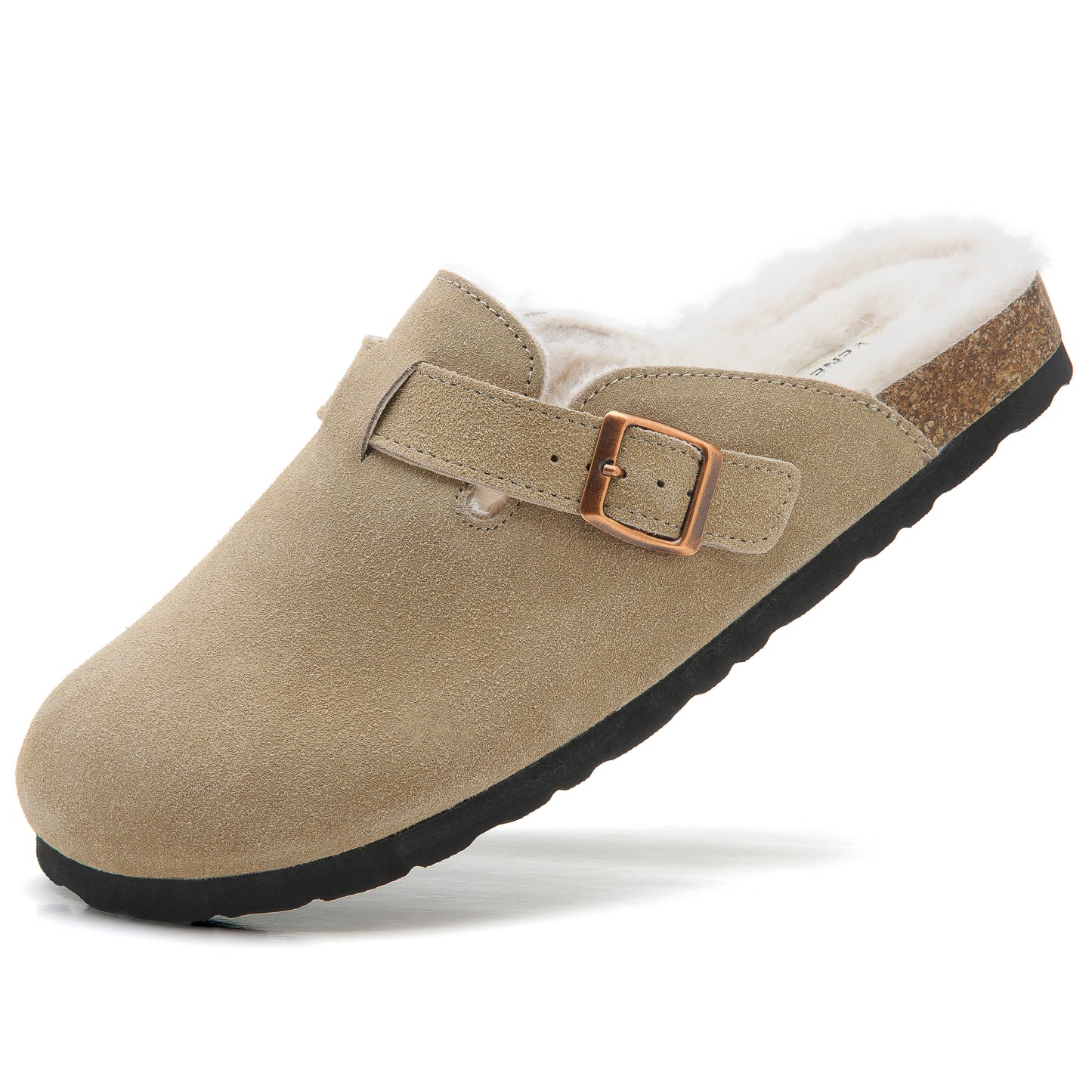 Erica Women's Cork Footbed Clogs Genuine Soft Suede Fuzzy Faux Fur Lined Comfort Cushioned Mule Slide Shoes