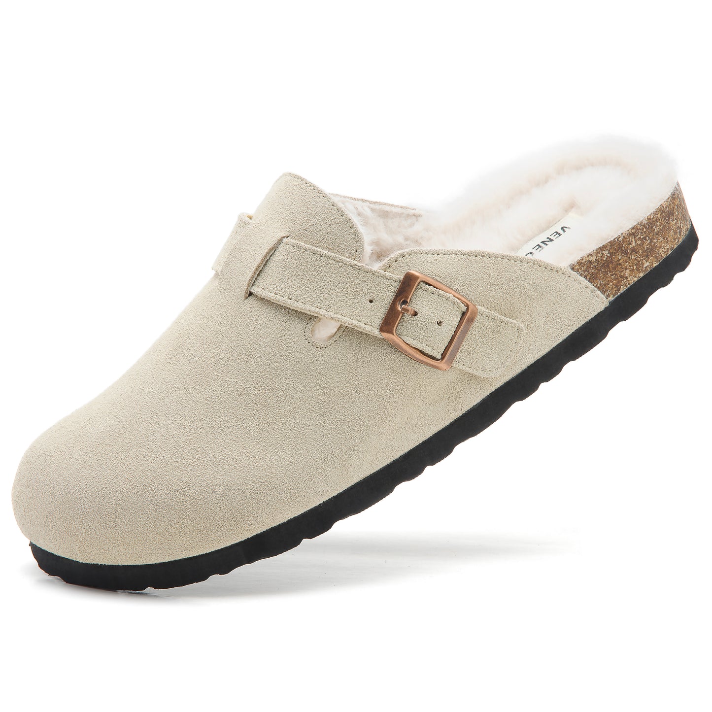 Erica Women's Cork Footbed Clogs Genuine Soft Suede Fuzzy Faux Fur Lined Comfort Cushioned Mule Slide Shoes