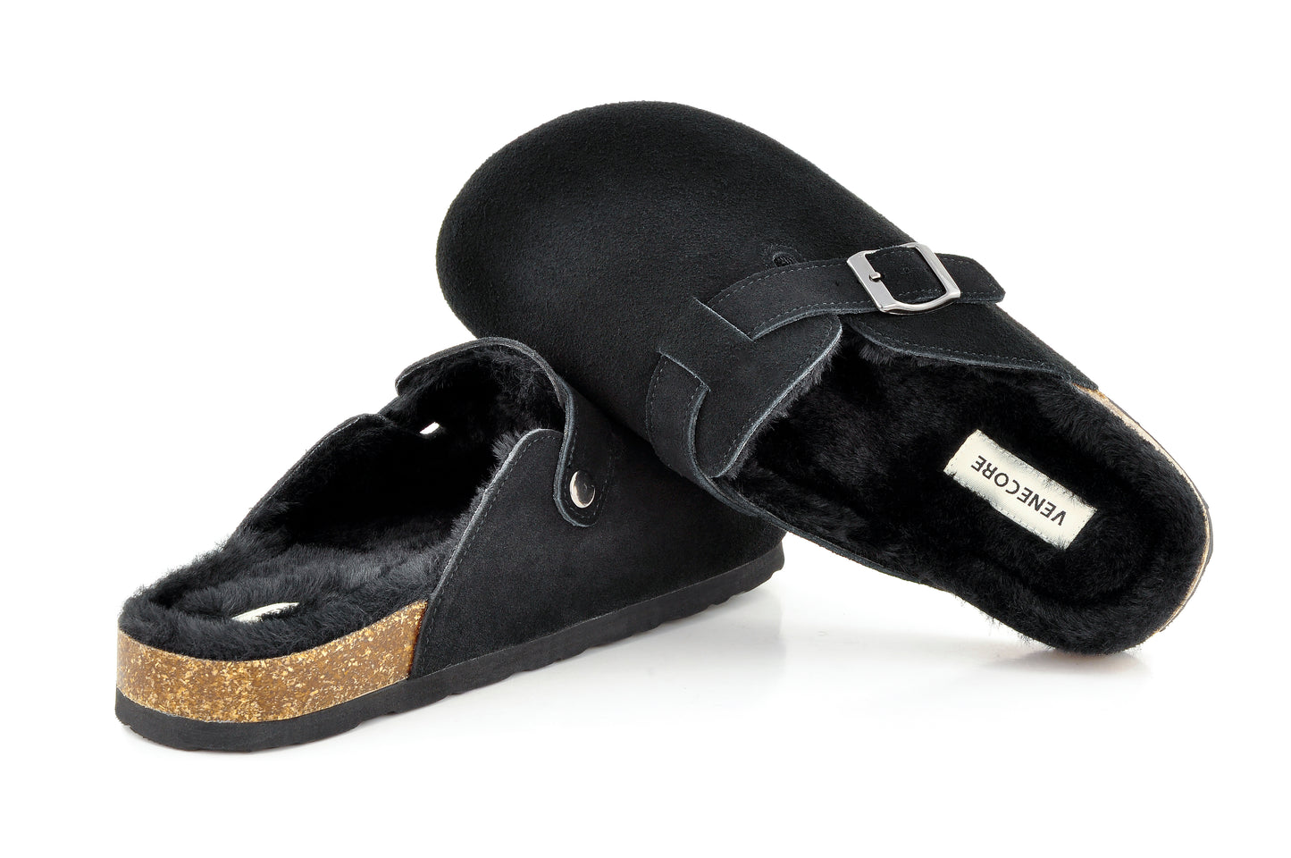 Erica Women's Cork Footbed Clogs Genuine Soft Suede Fuzzy Faux Fur Lined Comfort Cushioned Mule Slide Shoes