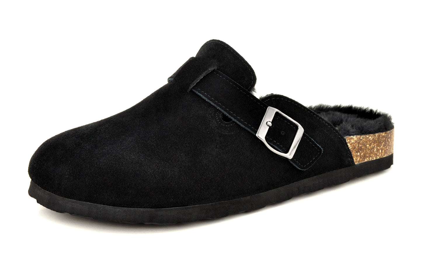 Erica Women's Cork Footbed Clogs Genuine Soft Suede Fuzzy Faux Fur Lined Comfort Cushioned Mule Slide Shoes