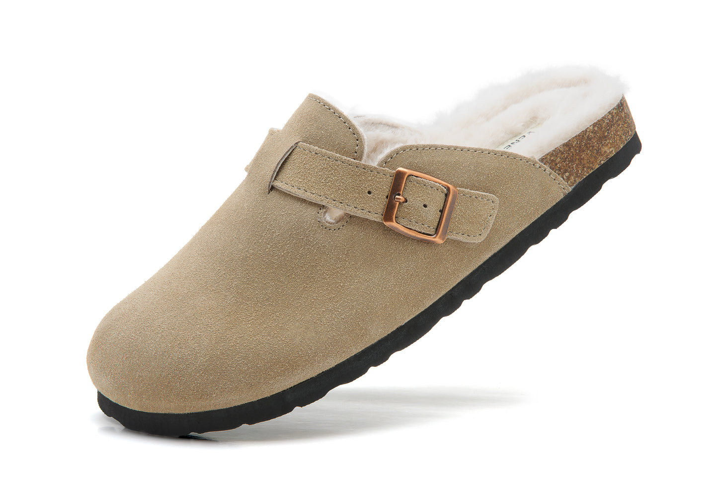 Erica Women's Cork Footbed Clogs Genuine Soft Suede Fuzzy Faux Fur Lined Comfort Cushioned Mule Slide Shoes