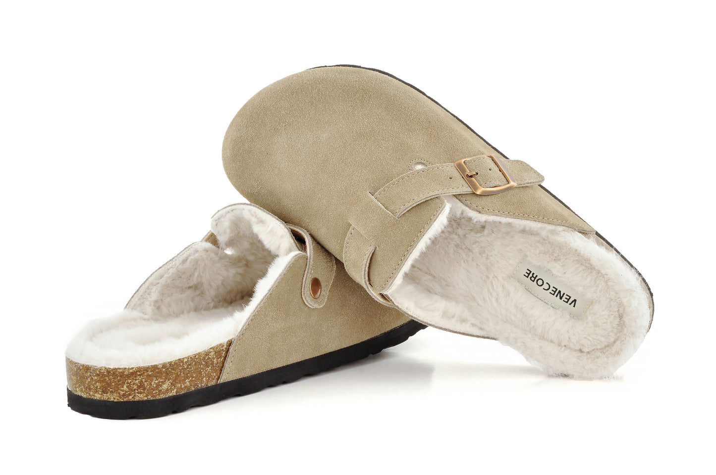 Erica Women's Cork Footbed Clogs Genuine Soft Suede Fuzzy Faux Fur Lined Comfort Cushioned Mule Slide Shoes