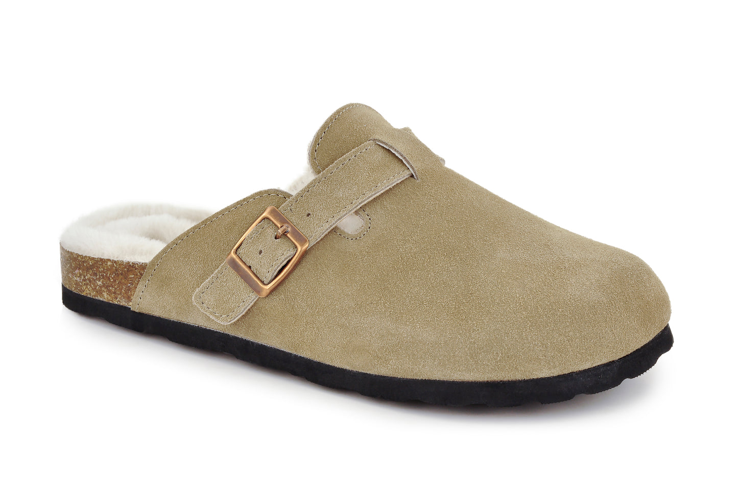 Erica Women's Cork Footbed Clogs Genuine Soft Suede Fuzzy Faux Fur Lined Comfort Cushioned Mule Slide Shoes