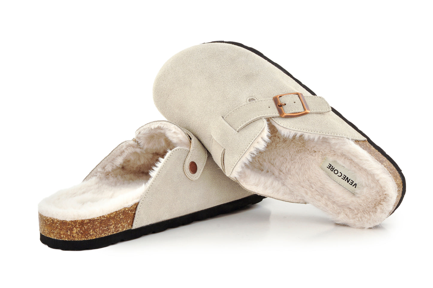 Erica Women's Cork Footbed Clogs Genuine Soft Suede Fuzzy Faux Fur Lined Comfort Cushioned Mule Slide Shoes