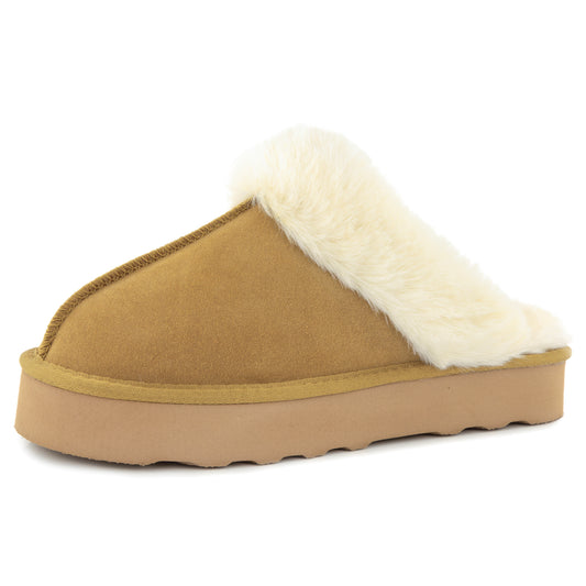 Amber Women's Winter Fur Slippers Genuine Suede Fluffy Faux Fur Memory Foam Cushion, Indoor and Outdoor